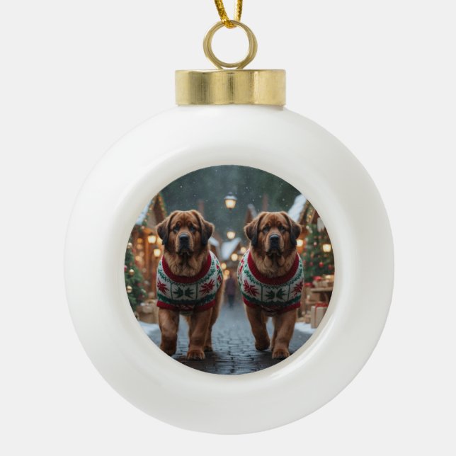 Newfoundland Dogs Christmas Snow Holiday Ceramic Ball Christmas Ornament (Front)