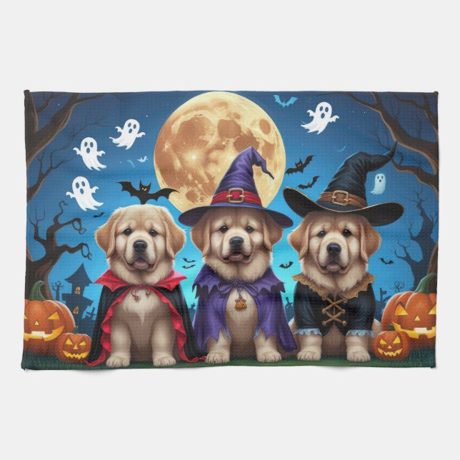 Newfoundland Dogs Pumpkin Halloween Funny  Kitchen Towel (Horizontal)