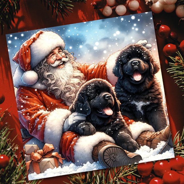 Newfoundland Dogs with Santa Claus Festive Holiday Card (Creator Uploaded)