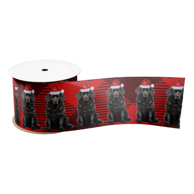Newfoundland Holiday Red Plaid Funny Dog Christmas Satin Ribbon (Spool)