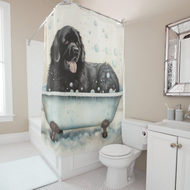 Newfoundland In Bathtub Watercolor Dog Art  (In Situ)