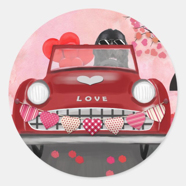Newfoundland in car with hearts classic round sticker (Front)