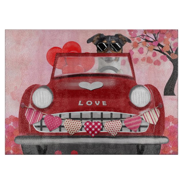 Newfoundland in car with hearts cutting board (Front)