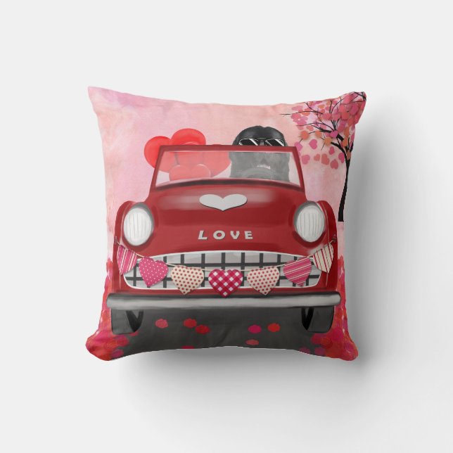 Newfoundland in car with hearts throw pillow (Front)