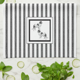 Newfoundland  Landseer  on black and white stripe Kitchen Towel