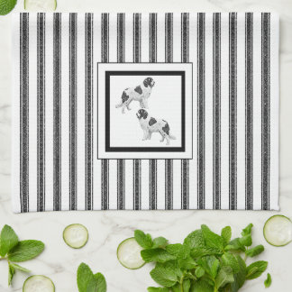 Newfoundland Landseer on black and white stripe Kitchen Towel