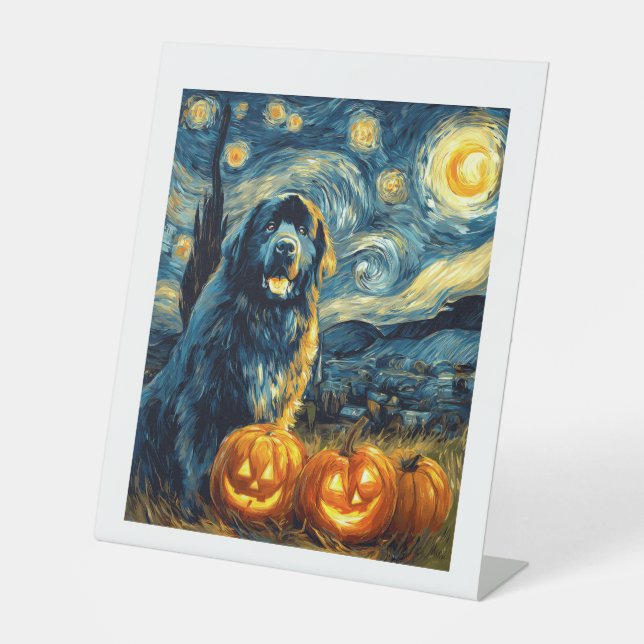 Newfoundland Newfie Cute Dog Halloween Jack O Lant Pedestal Sign (Front)