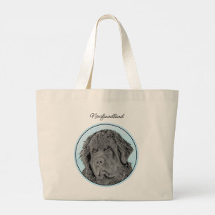 Newfoundland Painting Black Cute Original Dog Art Large Tote Bag