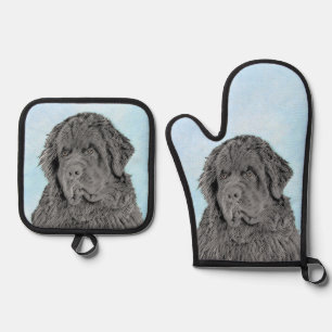 Newfoundland Painting Black Cute Original Dog Art Oven Mitt & Pot Holder Set
