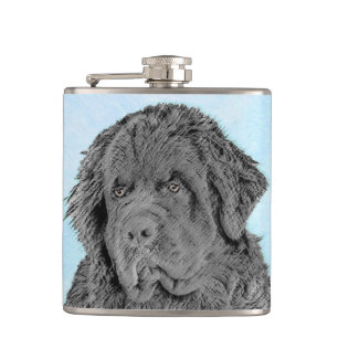 Newfoundland Painting - Cute Original Dog Art Hip Flask