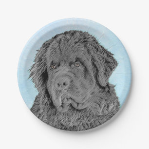 Newfoundland Painting - Cute Original Dog Art Paper Plate