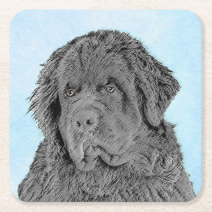 Newfoundland Painting - Cute Original Dog Art Square Paper Coaster