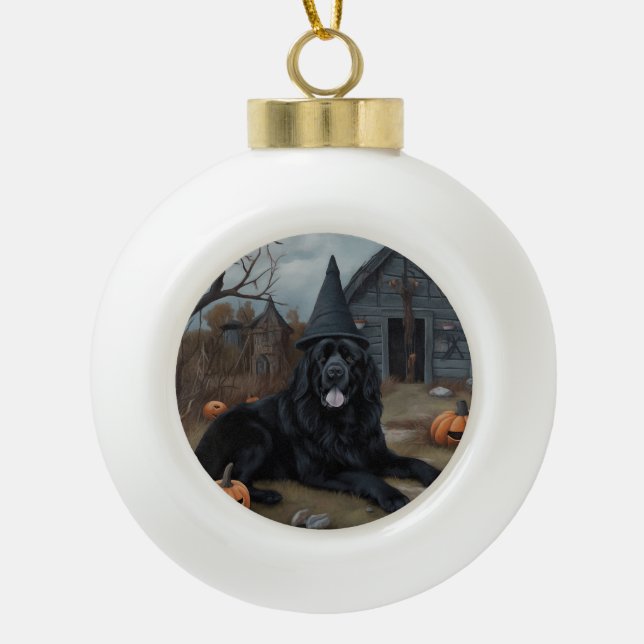 Newfoundland Pumpkins Halloween Scary  Ceramic Ball Christmas Ornament (Front)