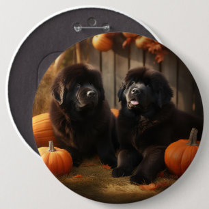 Newfoundland Puppy Autumn Delight Pumpkin 6 Inch Round Button
