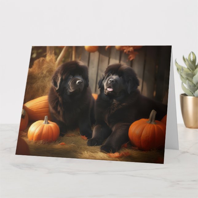 Newfoundland Puppy Autumn Delight Pumpkin Card (Small Plant)