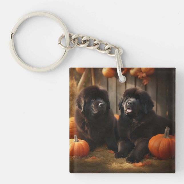 Newfoundland Puppy Autumn Delight Pumpkin Keychain (Front)