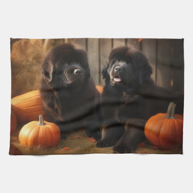Newfoundland Puppy Autumn Delight Pumpkin Kitchen Towel (Horizontal)