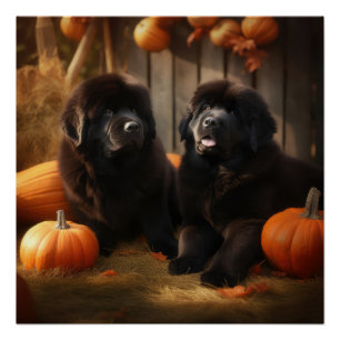 Newfoundland Puppy Autumn Delight Pumpkin Poster