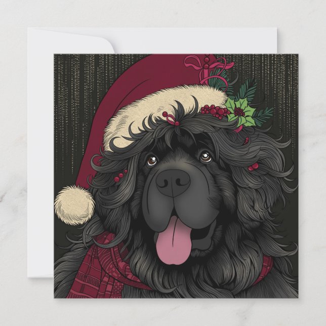 Newfoundland Puppy Dog Santa Hat Holiday Card (Front)