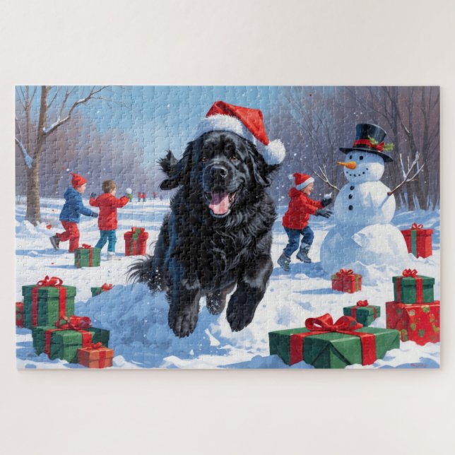 Newfoundland Running in Snow with Christmas Hat Jigsaw Puzzle (Horizontal)