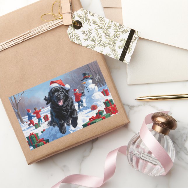 Newfoundland Running in Snow with Christmas Hat Sticker (Gifting)