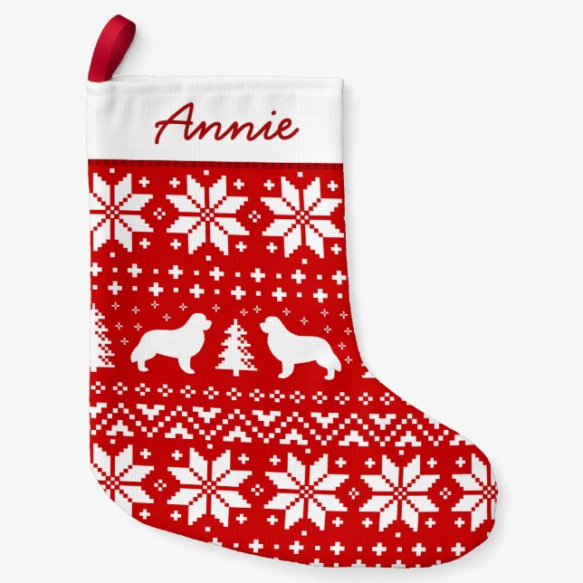 Newfoundland Silhouettes Pattern Red and White Small Christmas Stocking (Front)