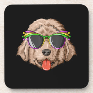 Newfoundland wearing glasses and mask present coaster
