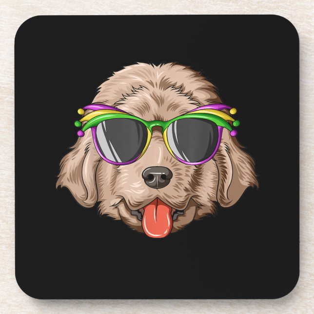 Newfoundland wearing glasses and mask present coaster (Front)