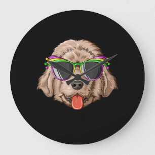 Newfoundland wearing glasses and mask present large clock