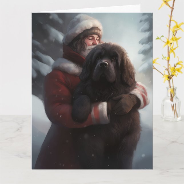 Newfoundland With Santa Claus Festive Christmas  Card (Yellow Flower)