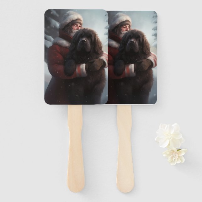 Newfoundland With Santa Claus Festive Christmas  Hand Fan (Front and Back)