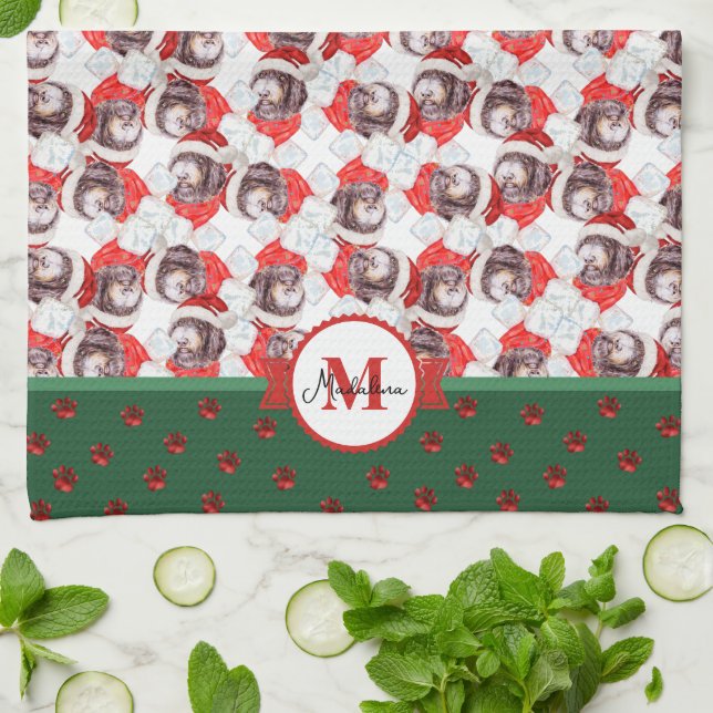 Newfypoo Pattern Monogram Christmas Dog Kitchen Towel (Folded)