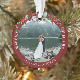 Newley Christmas Photo Watercolor Holly Burgundy Ornament