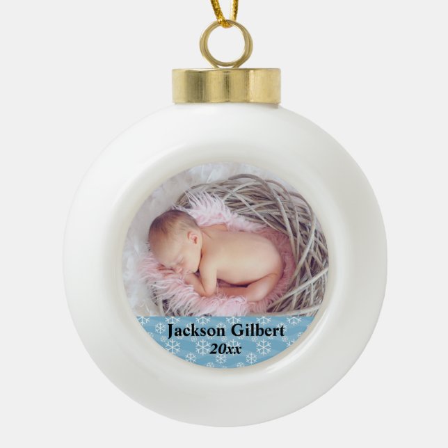 Newly Born Baby First Christmas Holiday Photo Ceramic Ball Christmas Ornament (Front)