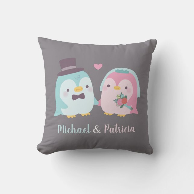Newly Wed Penguin Groom and Bride Love Birds Throw Pillow (Front)