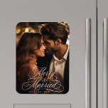 Newly Weds First Christmas Merry & Married Photo Magnet<br><div class="desc">Elegant and romantic swirly calligraphy lettering with a photo. For more advanced customization of this design,  please click the BLUE DESIGN TOOL BUTTON above!</div>