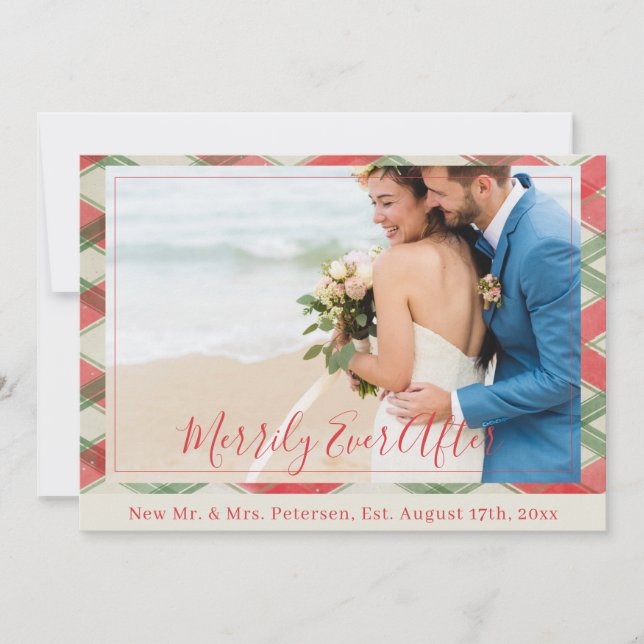 Newly weds Merrily Ever After red Christmas photo Holiday Card (Front)