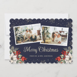 Newlywed 2 Photo Botanical Blue Merry Christmas Holiday Card
