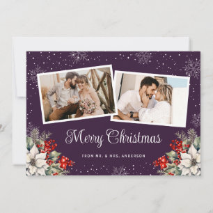 Newlywed 2 Photo Botanical Purple Merry Christmas Holiday Card