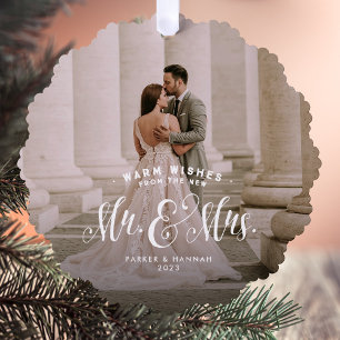 Newlywed 2 photo elegant green Christmas wedding  Ornament Card