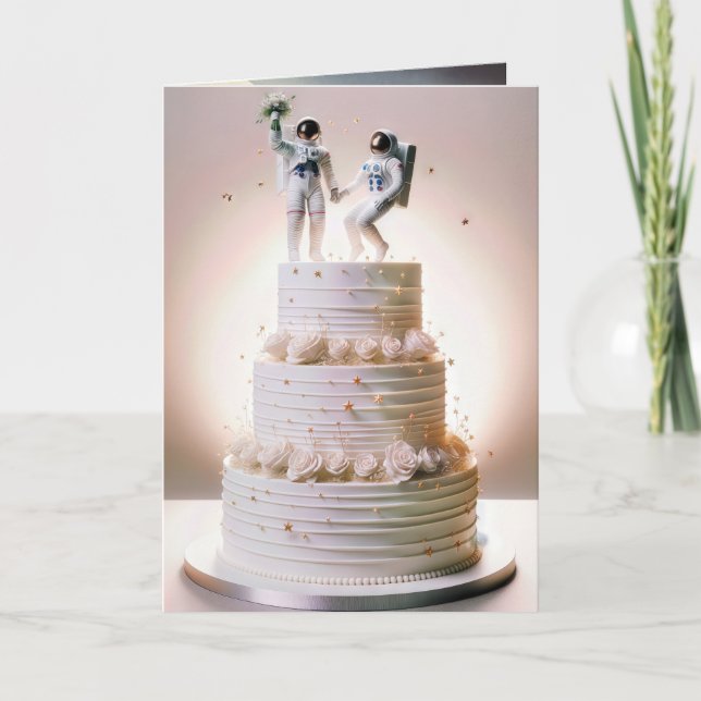 Newlywed Astronauts On a Wedding Cake Card (Front)