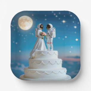 Newlywed Astronauts On a Wedding Cake Paper Plate