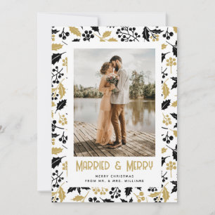 Newlywed Black Gold Holly Berries Photo Christmas Holiday Card