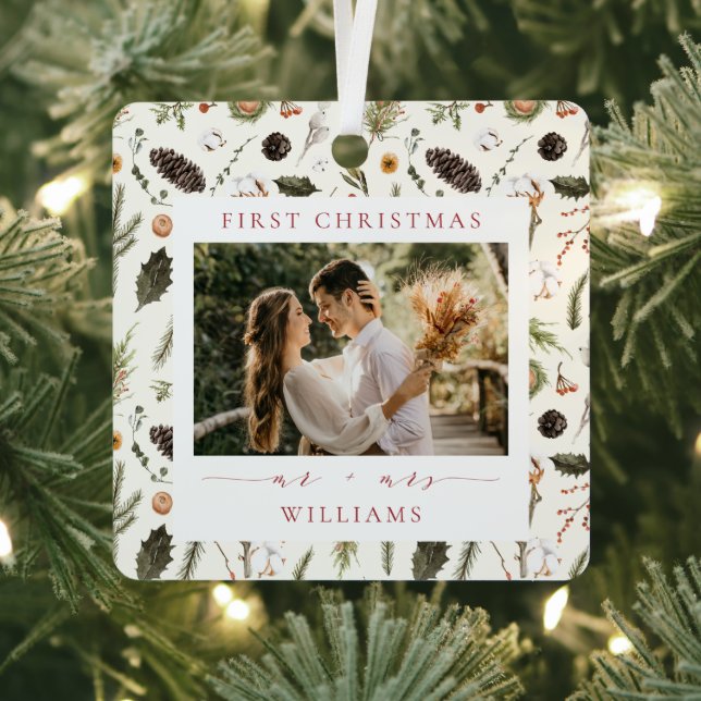 Newlywed Boho Christmas Botanical Photo Metal Ornament (Insitu)