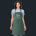 Newlywed bride Mrs personalized hunter green Apron<br><div class="desc">For the newlywed,  this chic dark green and white apron features "Mrs." in an elegant and modern script along with a last name and "established" date. Makes a cute bridal shower or bachelorette gift!</div>