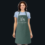 Newlywed bride Mrs personalized hunter green Apron<br><div class="desc">For the newlywed, this chic dark green and white apron features "Mrs." in an elegant and modern script along with a last name and "established" date. Makes a cute bridal shower or bachelorette gift!</div>