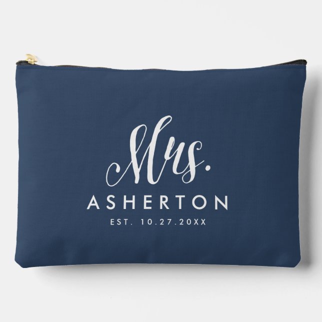 Newlywed bride Mrs personalized navy blue Accessory Pouch (Front)