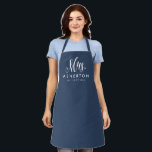 Newlywed bride Mrs personalized navy blue Apron<br><div class="desc">For the newlywed,  this navy blue and white apron features "Mrs." in an elegant and modern script along with a last name and "established" date. Makes a cute bridal shower or bachelorette gift!</div>