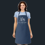 Newlywed bride Mrs personalized navy blue Apron<br><div class="desc">For the newlywed,  this navy blue and white apron features "Mrs." in an elegant and modern script along with a last name and "established" date. Makes a cute bridal shower or bachelorette gift!</div>