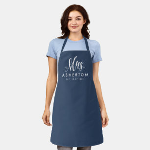 Newlywed bride Mrs personalized navy blue Apron